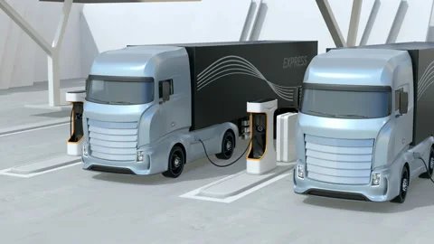 Generic design blue Heavy Electric Trucks charging at Public Charging Station Stock Footage 126563486