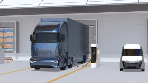 Generic design Electric Trucks charging at logistics center Stock Footage 227259221