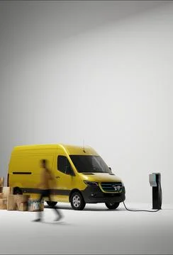 Generic electric EV delivery van charging on a charging station Stock Illustration
