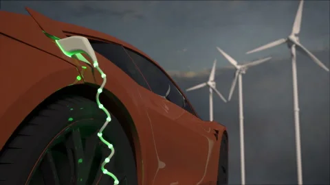 Generic electric orange car charging with solar panels and wind turbines in back Video stock 163533211