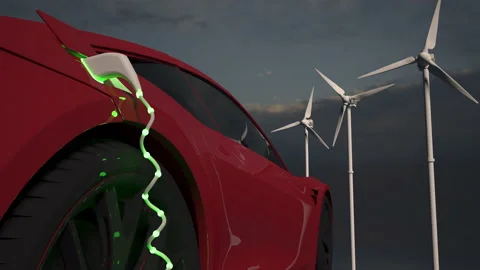 Generic electric red car charging with solar panels and wind turbines in backgro Stock Footage 163532471