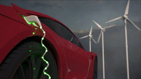 Generic electric red car charging with solar panels and wind turbines in backgro Video stock 163535603