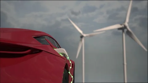 Generic electric red car charging with solar panels and wind turbines in backgro Video stock 163632356