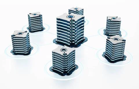 Generic futuristic network servers connected to each other. 3D illustratio... Foto stock