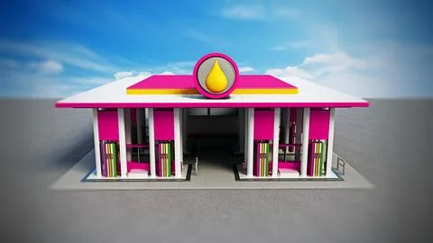 Generic gas station painted with red and white colors. 3D illustration Stock-Illustration