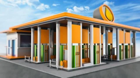 Generic gas station painted with yellow and green colors. 3D illustration Ilustración de archivo