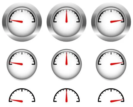 Generic gauges, dials with red clock hand, pointer Stock Illustration