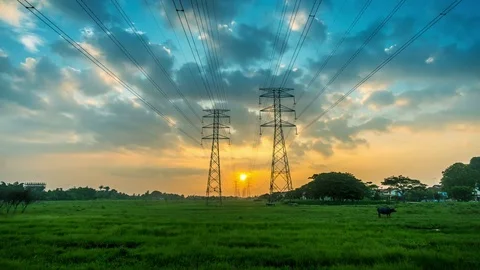 Generic landscape timelapse with electric tower dawn to morning Video stock 75609910