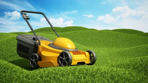 Generic lawnmover on green terrain covered with grass. 3D illustration Stock Illustration