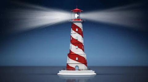 Generic lighthouse emitting light on dark night background. 3D illustratio... Fotos de archivo