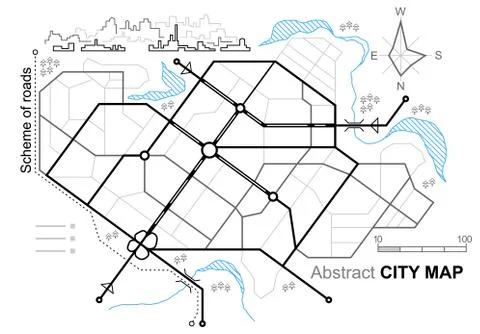 Generic map of an imaginary city. Scheme of town streets on the plan.  Stock Illustration