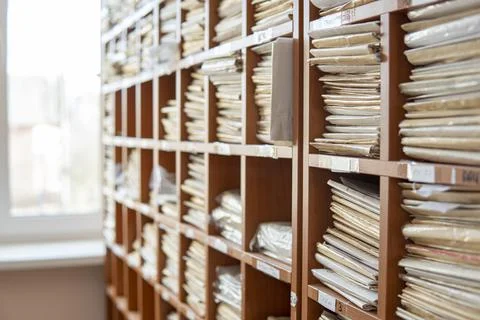 Generic Medical Record Folder on Shelf. close-up. Stock Photos