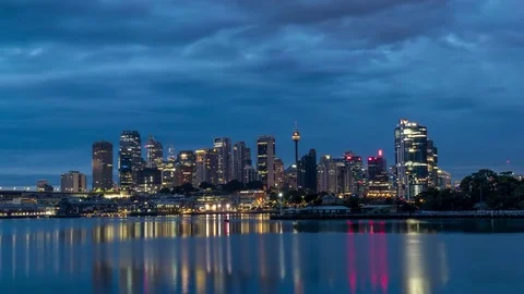 Generic modern cityscape timelapse from dawn to morning with boat Video stock 79145506