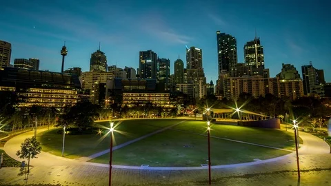 Generic modern cityscape timelapse from dusk to morning with foreground park, ci Stock Footage 84166765