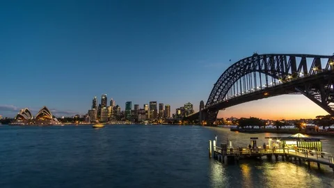 Generic modern cityscape timelapse from sunset to night with ferry Video stock 79109178