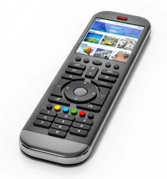 Generic modern smart TV remote control with color display. 3D illustration... Stock Photos