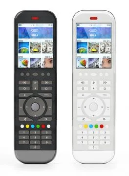 Generic modern smart TV remote controls with color display. 3D illustratio... Stock Photos