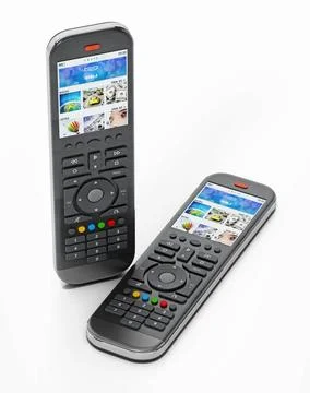 Generic modern smart TV remote controls with color display. 3D illustratio... Stock Photos