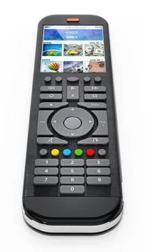 Generic modern smart TV remote control with color display. 3D illustration... Stock Photos