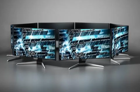 Generic monitors with code wallpapers. 3D illustration Stock Illustration