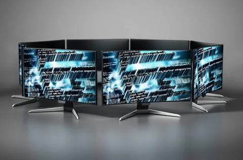 Generic monitors with code wallpapers. 3D illustration Generic monitors wi... Stock Photos