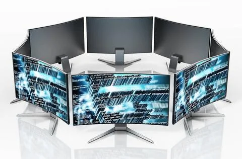 Generic monitors with code wallpapers isolated on white background. 3D ill... 写真素材