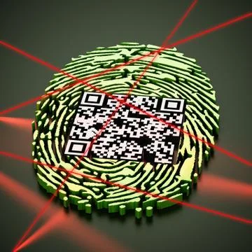 Generic QR code inside fingerprint being scanned. 3D illustration Illustrazione stock