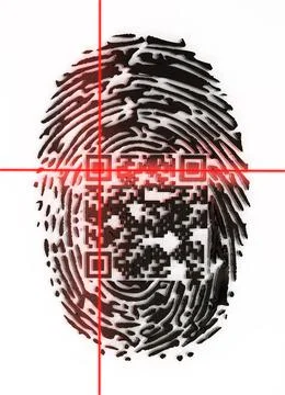 Generic QR code inside fingerprint being scanned. 3D illustration Generic ... Foto stock