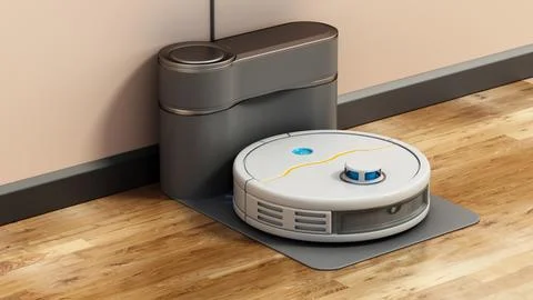 Generic robot vacuum cleaner on charging dock station. 3D illustration Stock Illustration