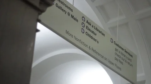 Generic shot of Library or Museum directions on overhead sign Stock Footage 75045182