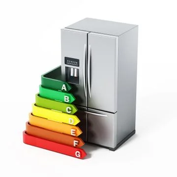 Generic silver refrigerator and energy efficiency levels chart. 3D illustrati Stock Illustration
