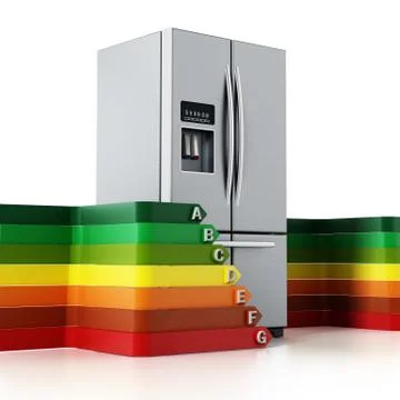 Generic silver refrigerator and energy efficiency levels chart. 3D illustrati Stock Illustration