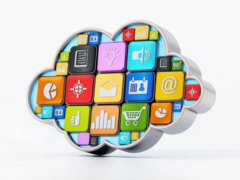 Generic smartphone apps inside cloud shape. 3D illustration 스톡 일러스트