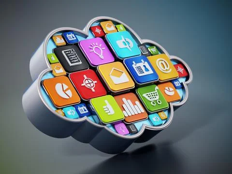 Generic smartphone apps inside cloud shape. 3D illustration Stock Illustration