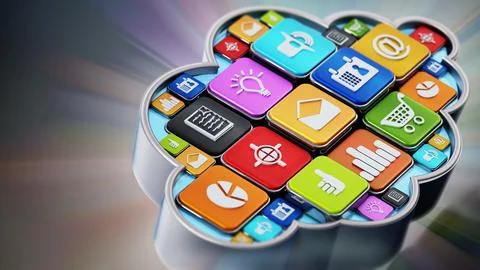 Generic smartphone apps inside cloud shape. 3D illustration Stock Illustration