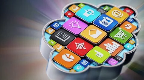 Generic smartphone apps inside cloud shape. 3D illustration Generic smartp... 写真素材