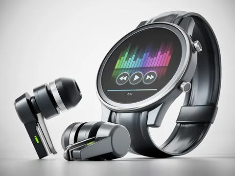 Generic smartwatch and wireless bluetooth earphones. 3D illustration Stock Illustration