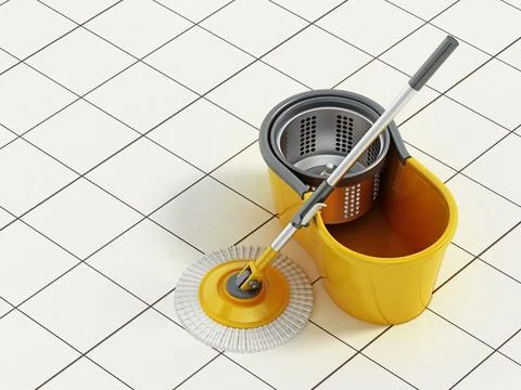 Generic spin mop with bucket on tiled ground. 3D illustration Stock Illustration