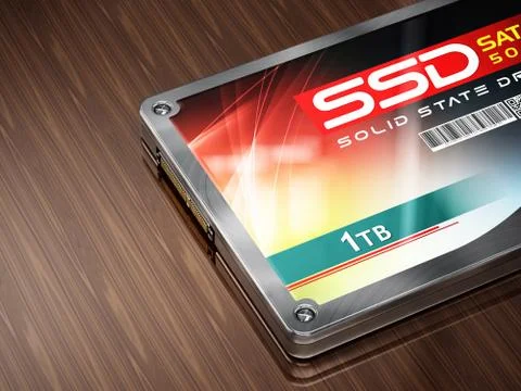 Generic SSD standing on wooden table. 3D illustration Illustrazione stock