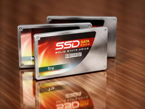 Generic SSDs standing on wooden table. 3D illustration Stock Illustration