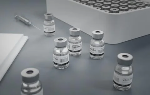 Generic Vaccines inside a Box and a Couple of Vaccines Scattered on a Table Stock Illustration