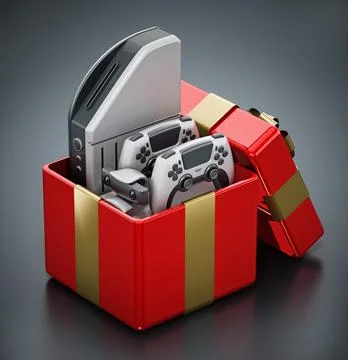 Generic video game console and controllers inside giftbox. 3D illustration Stock Illustration