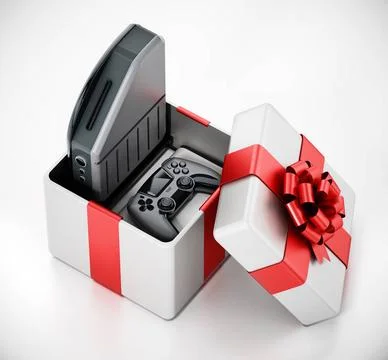 Generic video game console and controller inside giftbox. 3D illustration ... Stock Photos