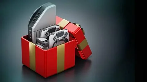 Generic video game console and controllers inside giftbox. 3D illustration... Stock Photos