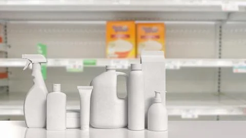 Generic White Consumer Product Packaging Mockup in Modern Retail Store 3d r.. Stock Illustration