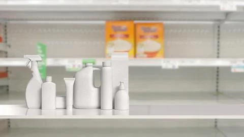 Generic White Consumer Product Packaging Mockup in Modern Retail Store 3d r.. Stock Illustration