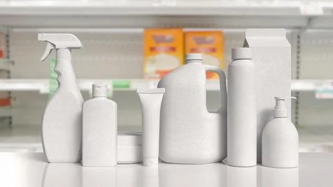 Generic White Consumer Product Packaging Mockup in Modern Retail Store 3d r.. Stock Illustration