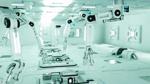Generic white mechanical robotic arms working in a factory Video stock 140924523