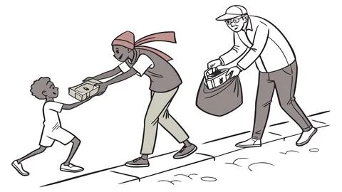 Generosity in action stick figures giving and receiving money and supplies .. Stock Illustration