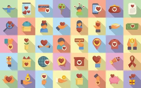 Generosity icons set flat vector. Food donate Illustrazione stock